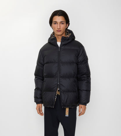 Reversible Check Hooded Puffer Jacket in Sand beige
