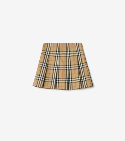 Pleated Check Cotton Twill Skirt in Sand beige