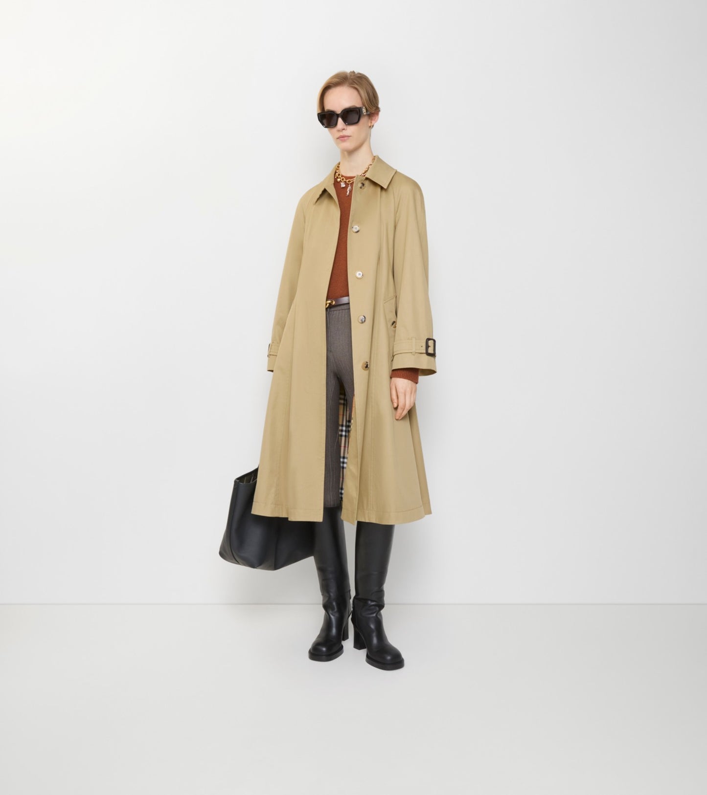 Long Gabardine Ellingham Fit-and-flare Car Coat in Beige