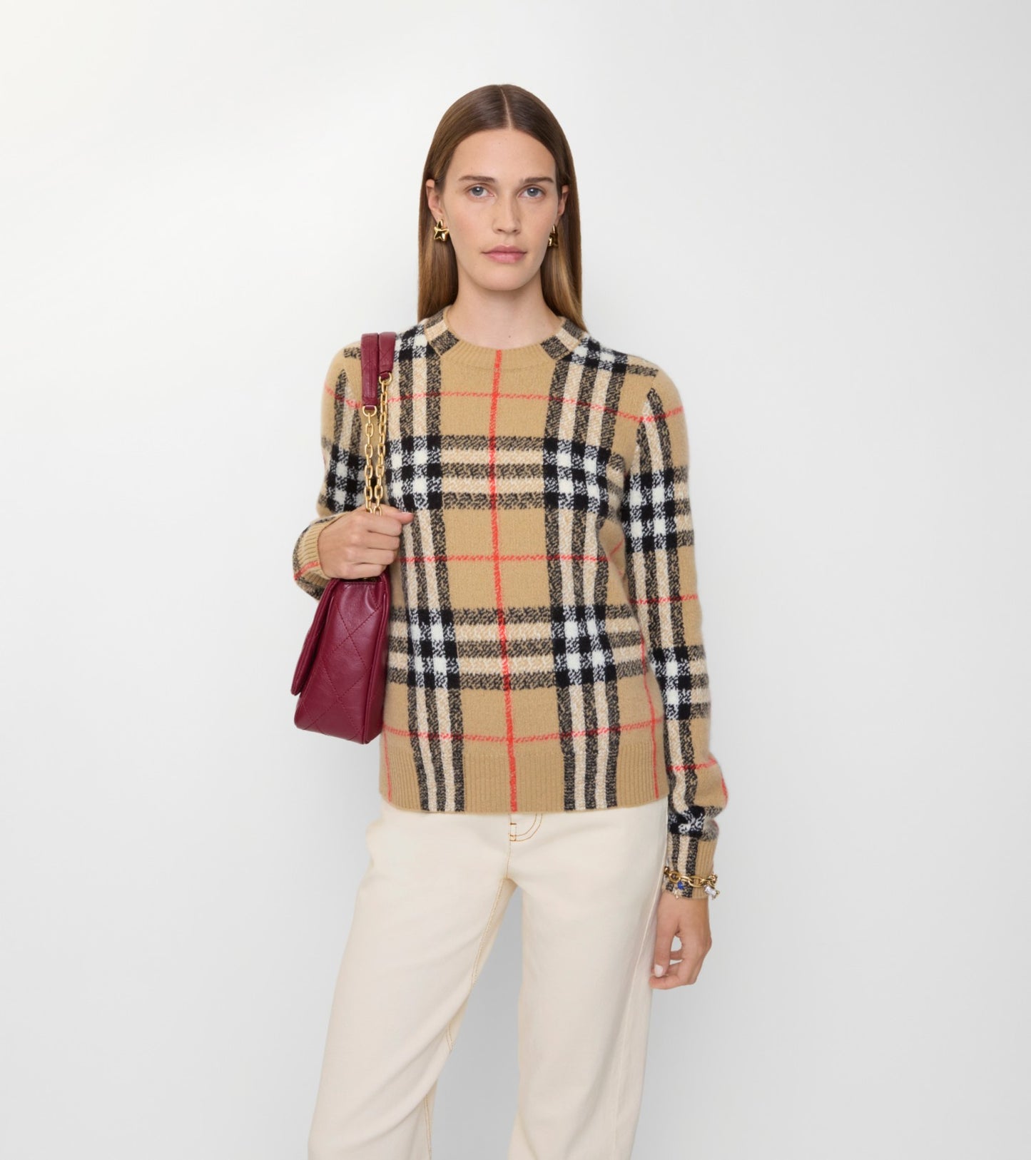 Check Cashmere Wool Sweater in Sand beige