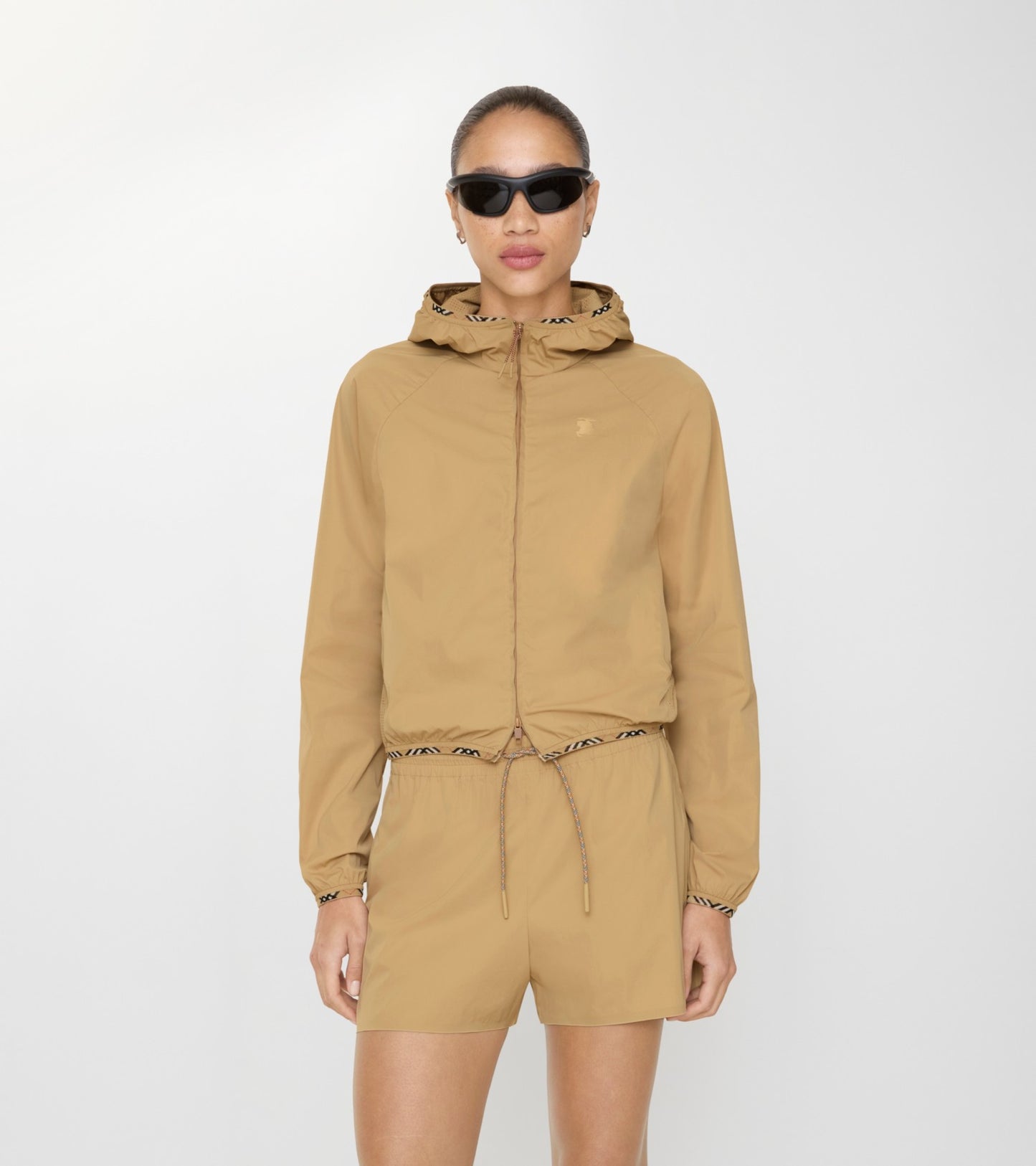 Stretch Nylon Hooded Jacket in Beige