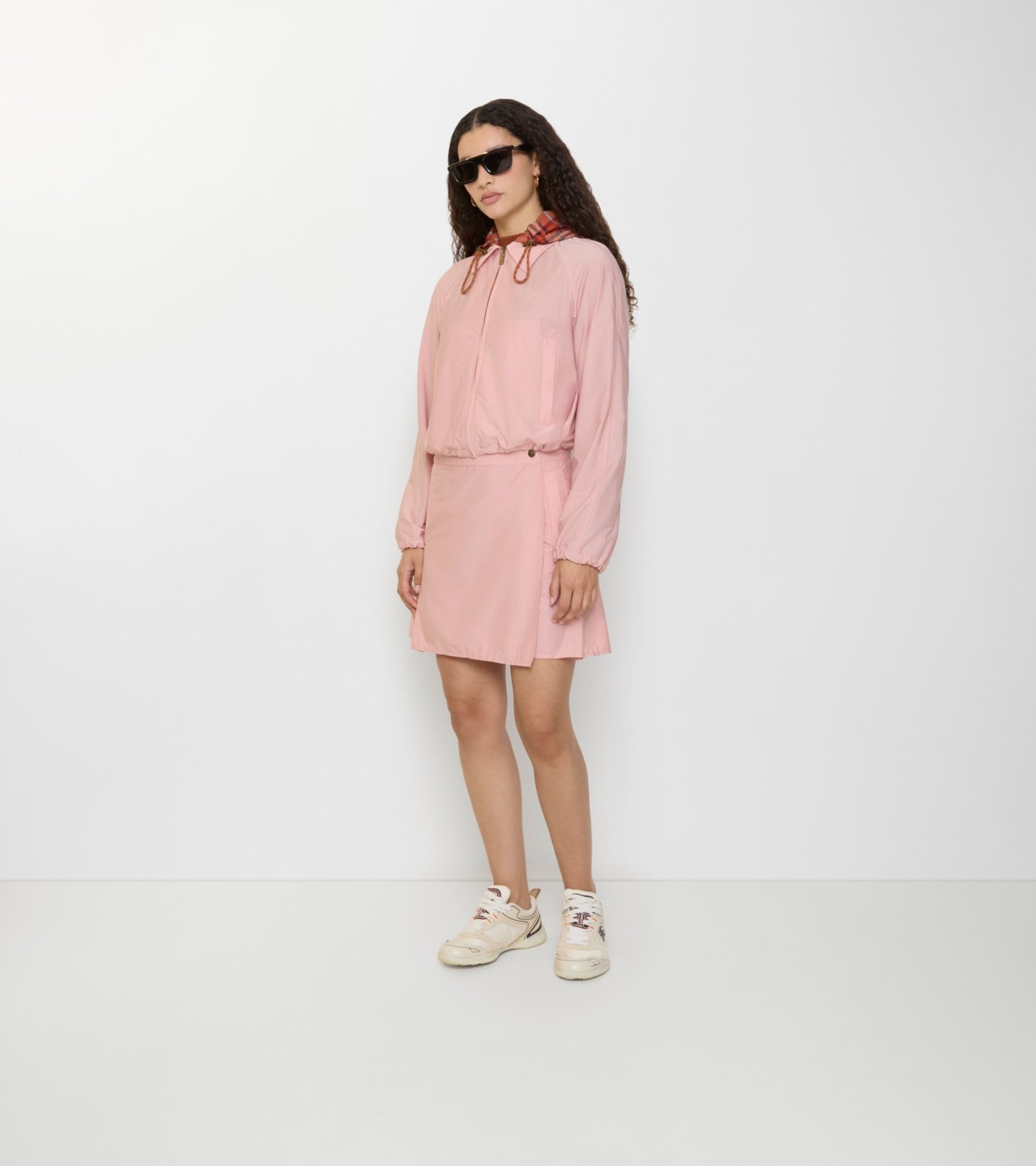 Pleated Stretch Nylon Mini Skirt in Begonia pink
