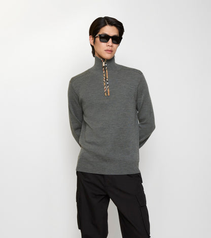 Check Trim Wool Half-zip Sweater in Grey
