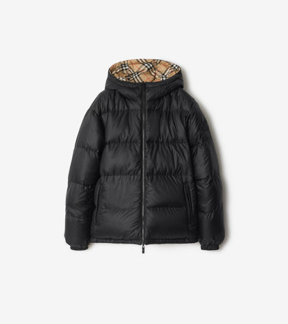 Reversible Check Hooded Puffer Jacket in Sand beige
