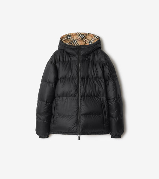 Reversible Check Hooded Puffer Jacket in Sand beige
