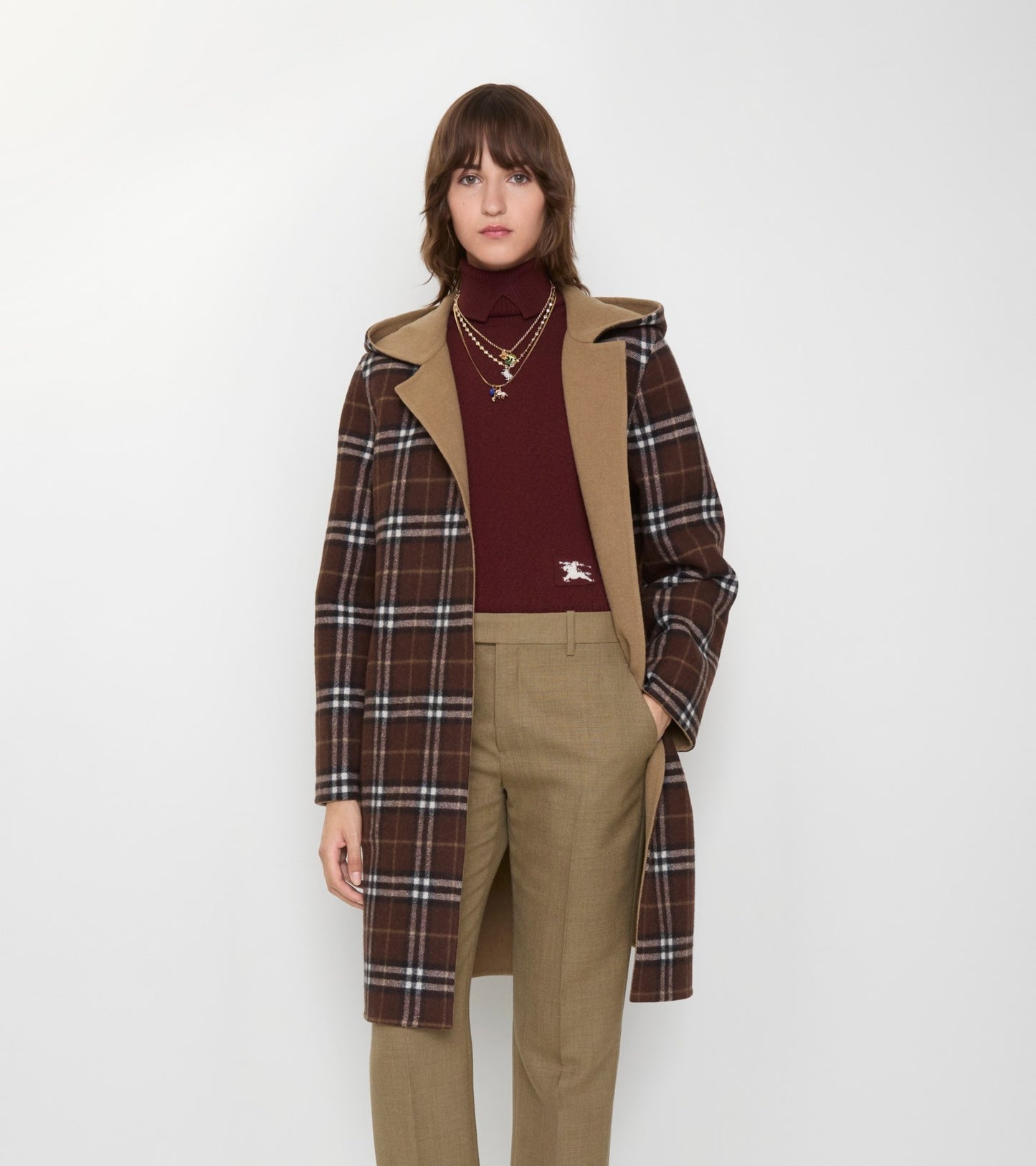Reversible Wool Hooded Wrap Coat in Camel brown/treacle brown