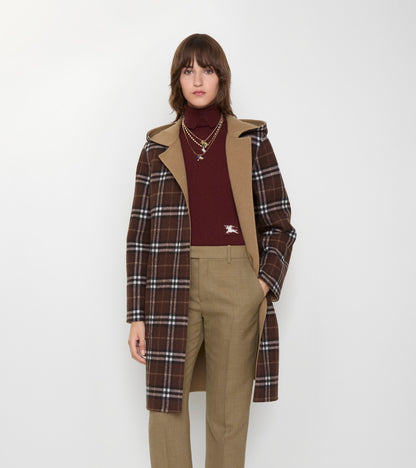 Reversible Wool Hooded Wrap Coat in Camel brown/treacle brown