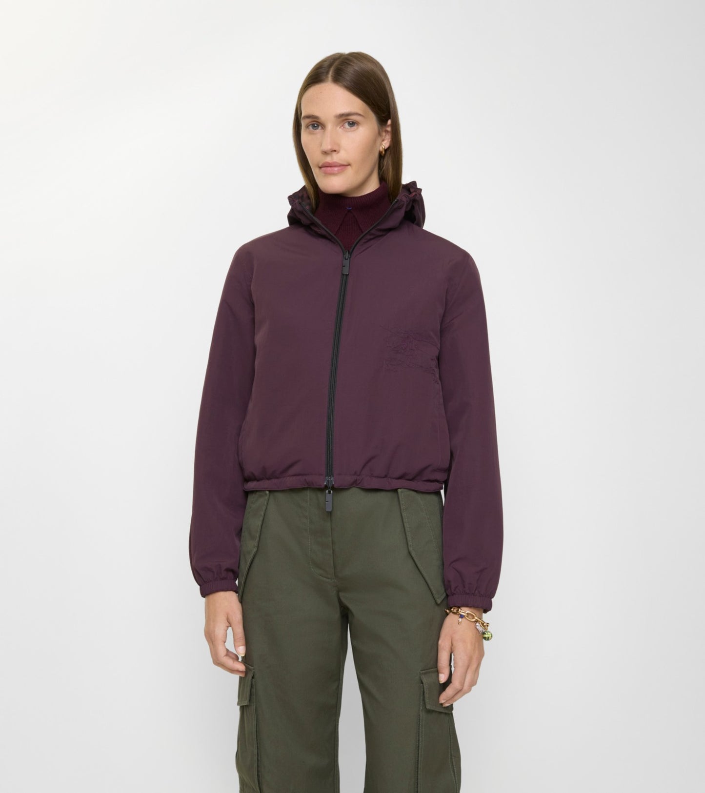 Cropped Reversible Check Hooded Jacket in Wine red