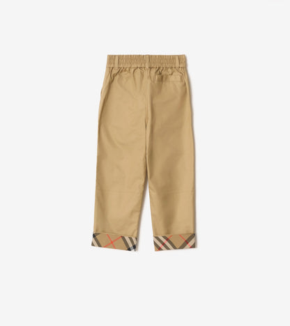 Check Turn-up Cotton Trousers in Sand beige
