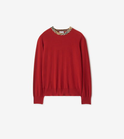 Check Trim Wool Sweater in Crimson red