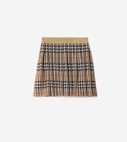 Pleated Check Wool Blend Skirt in Sand beige