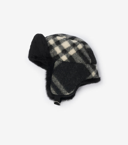 Check Wool Trapper Hat in Black