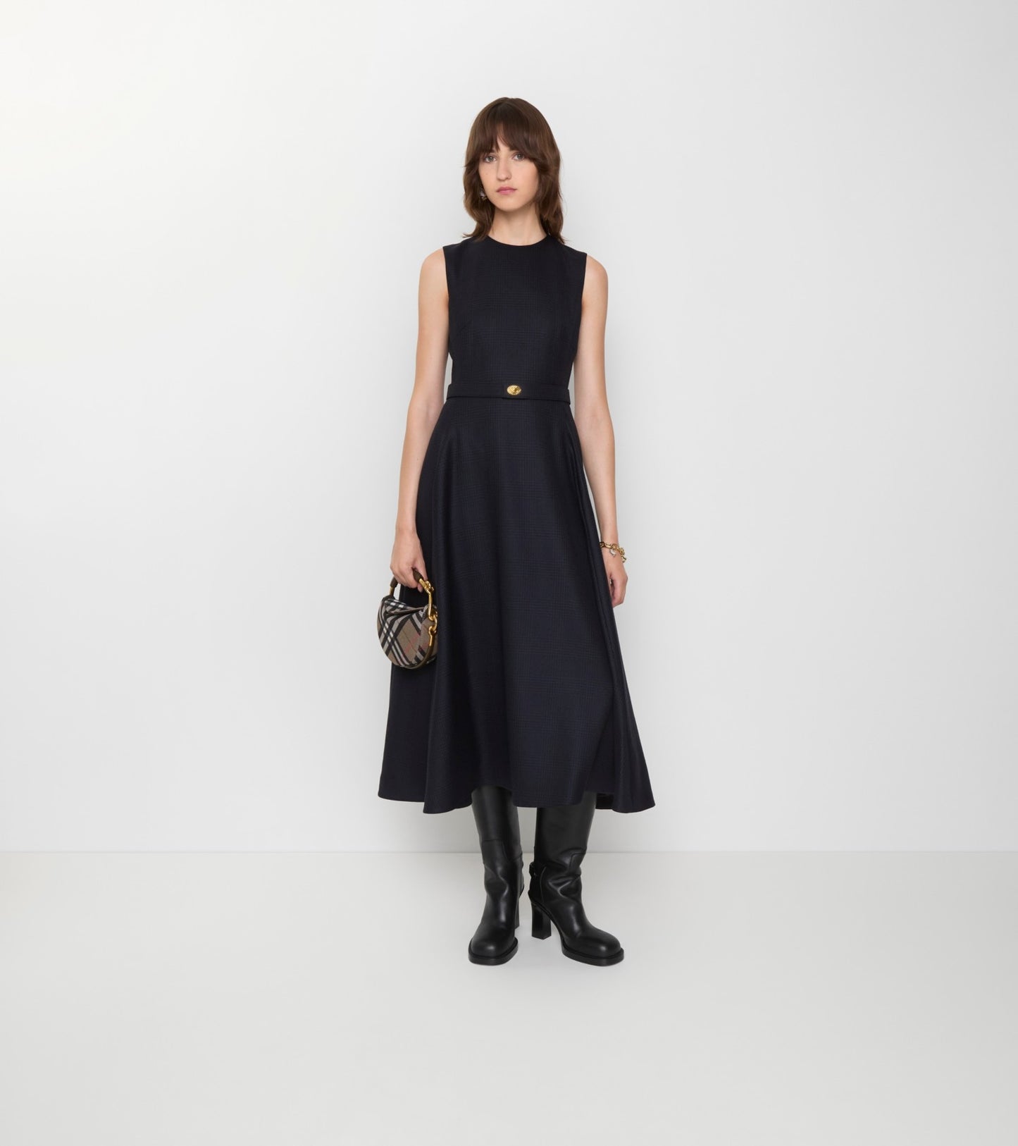 Belted Check Wool Dress in Navy blue
