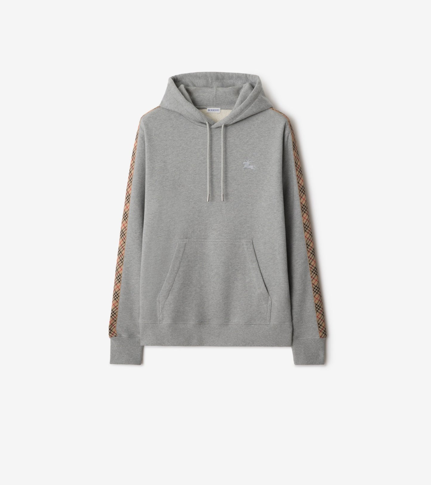 Check Trim Cotton Hoodie in Pale grey melange