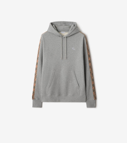 Check Trim Cotton Hoodie in Pale grey melange