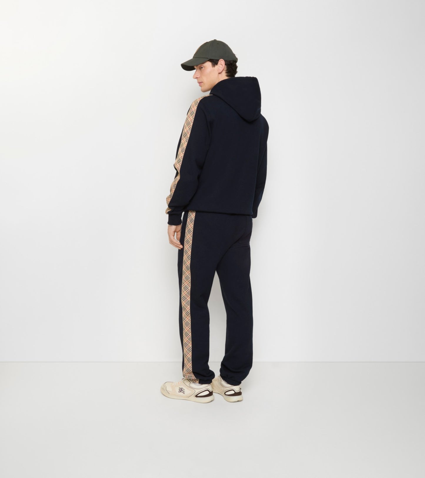 Check Trim Cotton Jogging Pants in Navy