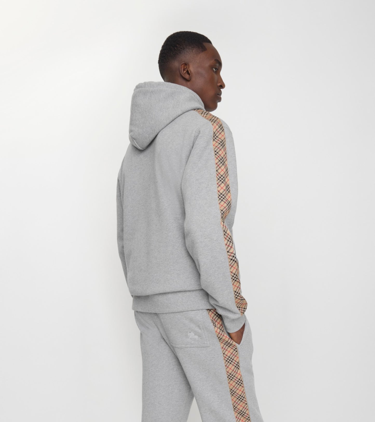 Check Trim Cotton Hoodie in Pale grey melange