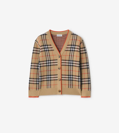 Check Wool Cardigan in Sand beige