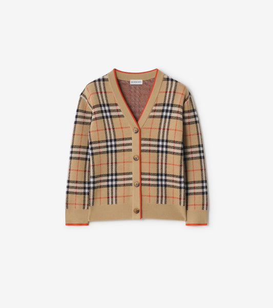 Check Wool Cardigan in Sand beige