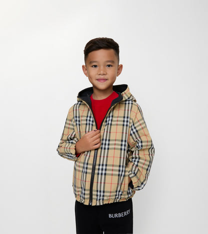Reversible Check Hooded Jacket in Sand beige