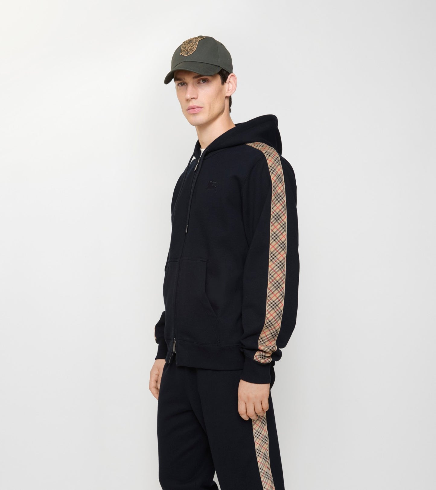 Check Trim Cotton Zip Hoodie in Navy