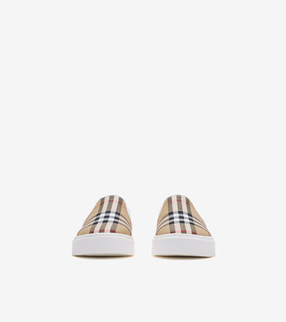 Check Cotton Slip-on Sneakers in Sand beige - Children