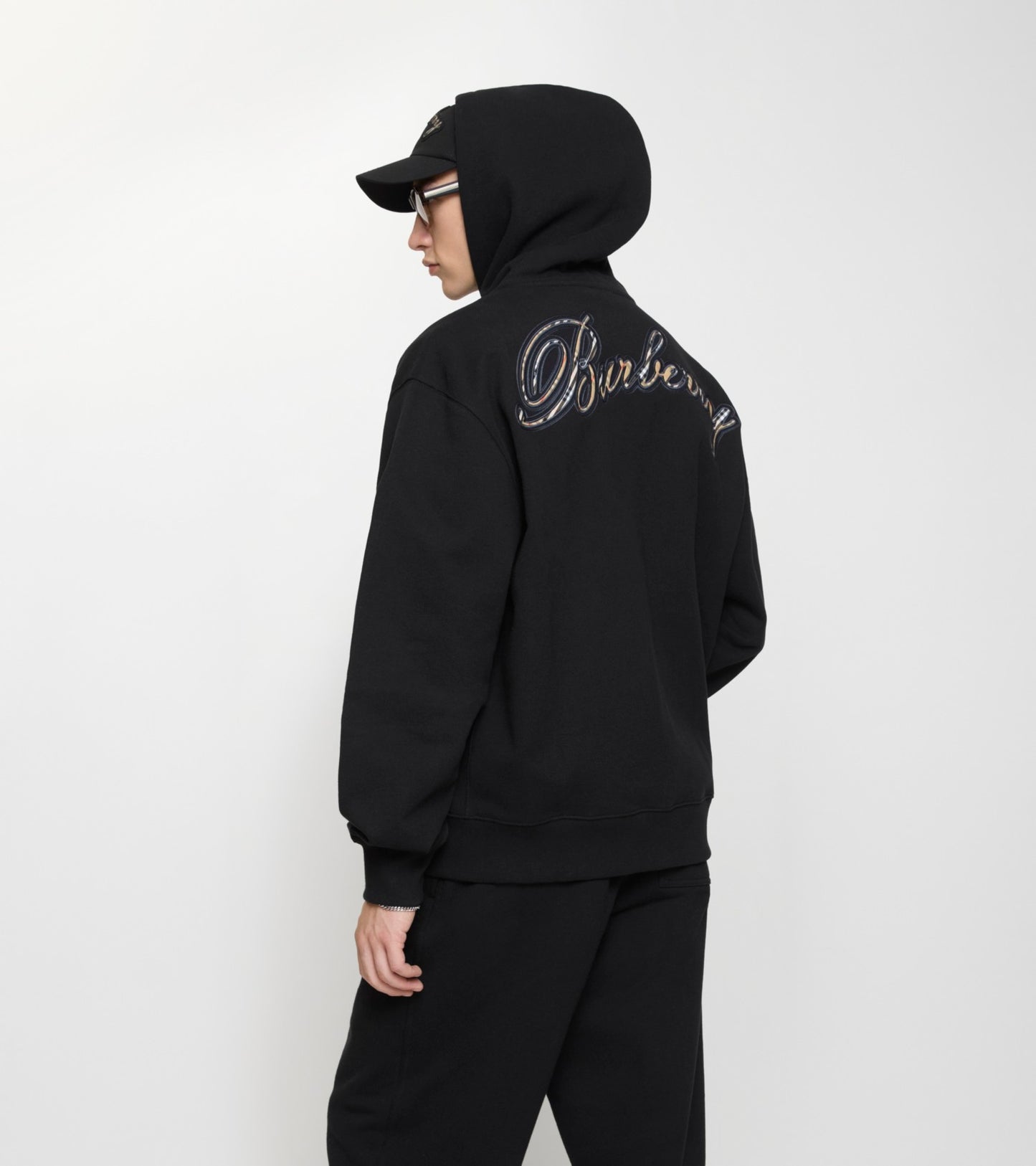 Check Cursive Logo Cotton Zip Hoodie in Black