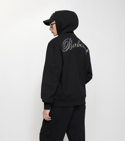 Check Cursive Logo Cotton Zip Hoodie in Black