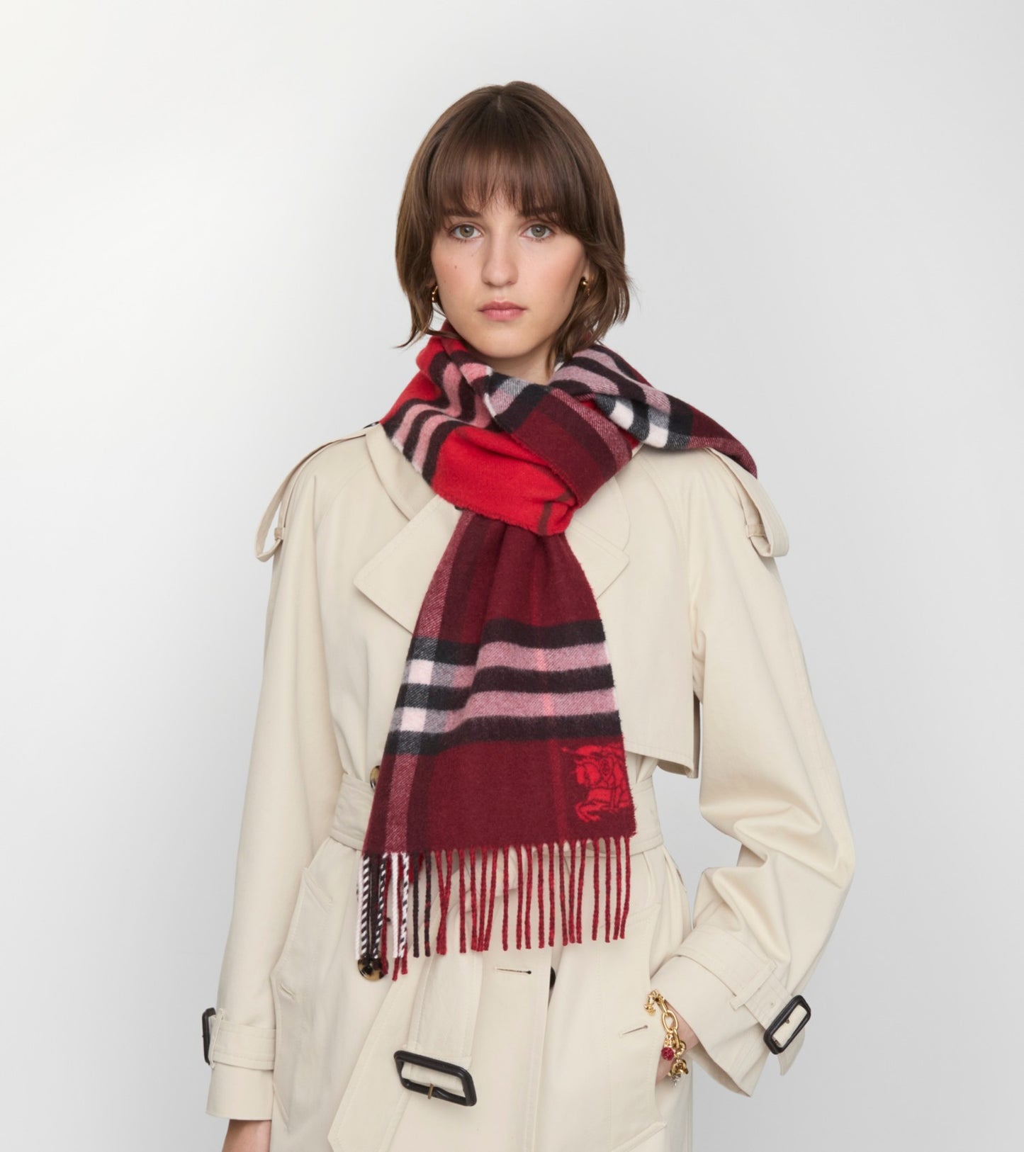 Contrast Check Cashmere Scarf in Post red/oxblood red