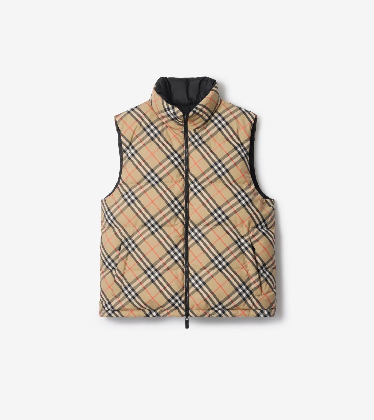Reversible Check Puffer Gilet in Sand beige