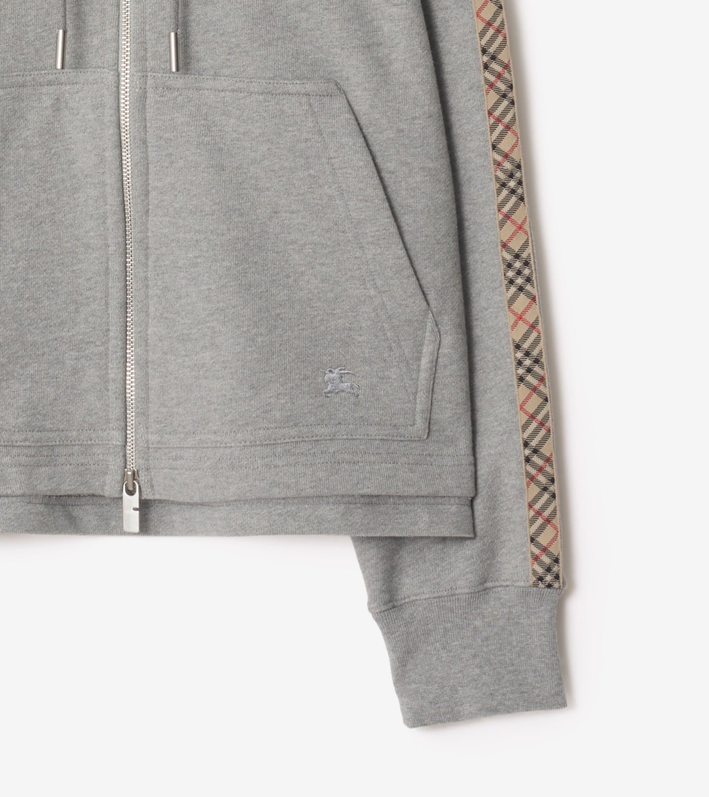 Check Trim Cotton Zip Hoodie in Pale grey melange