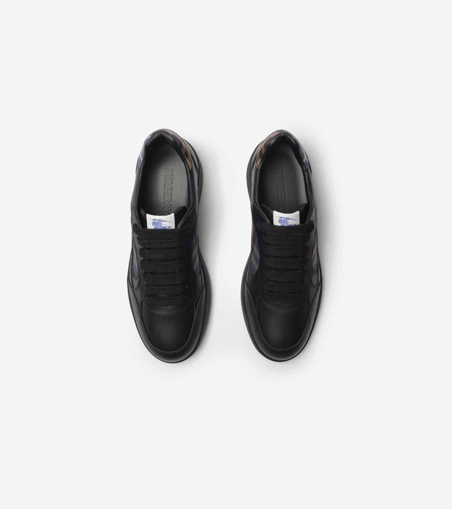 Leather and Check Terrace Sneakers in Black/wave blue