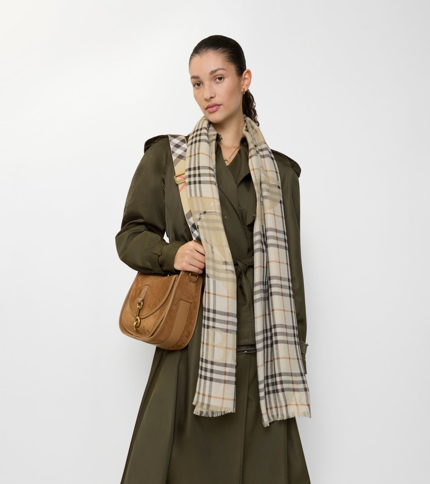Wide Knight Check Wool Silk Scarf in Pebble white
