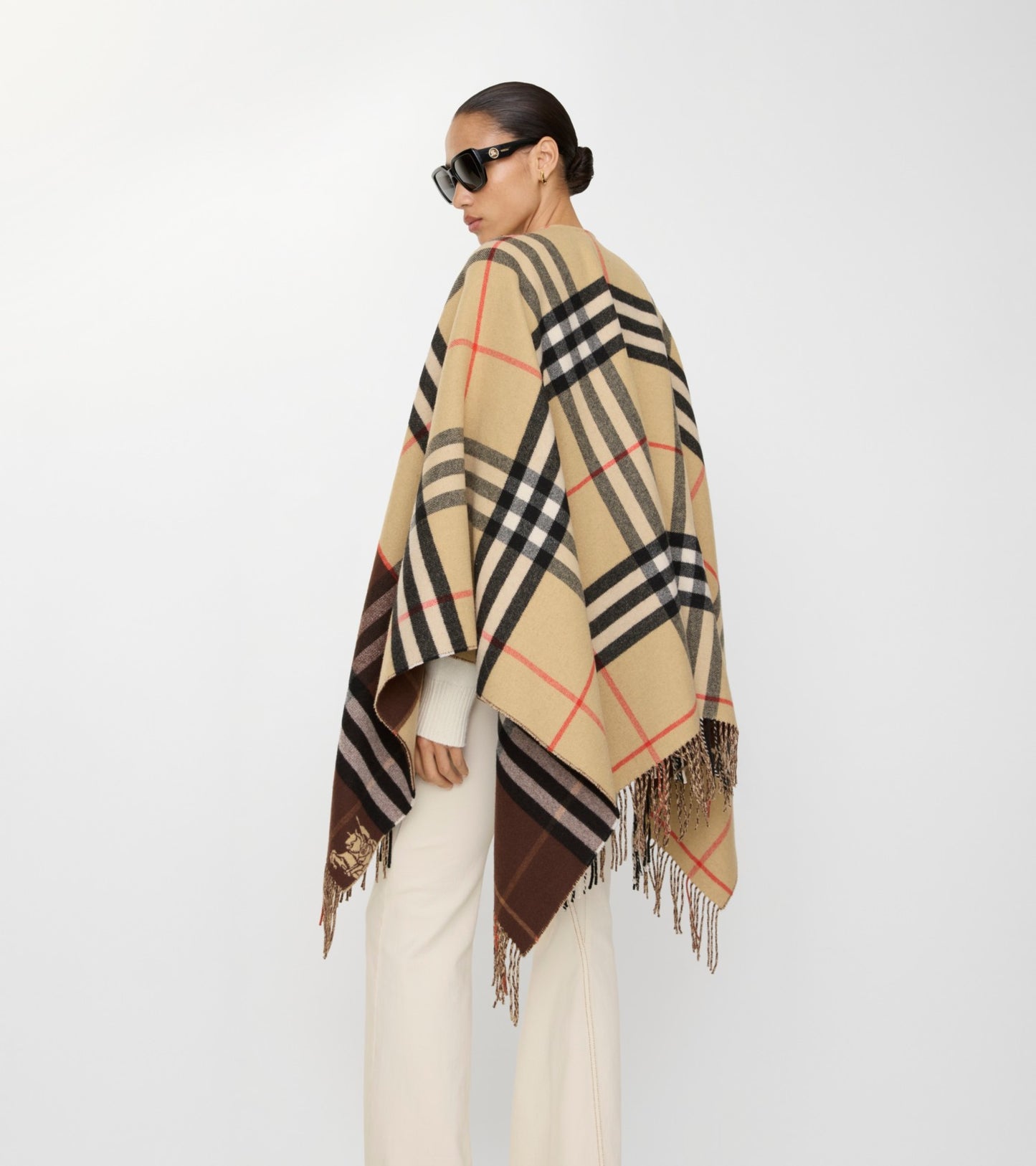 Contrast Check Cashmere Wool Cape in Sand beige/treacle brown