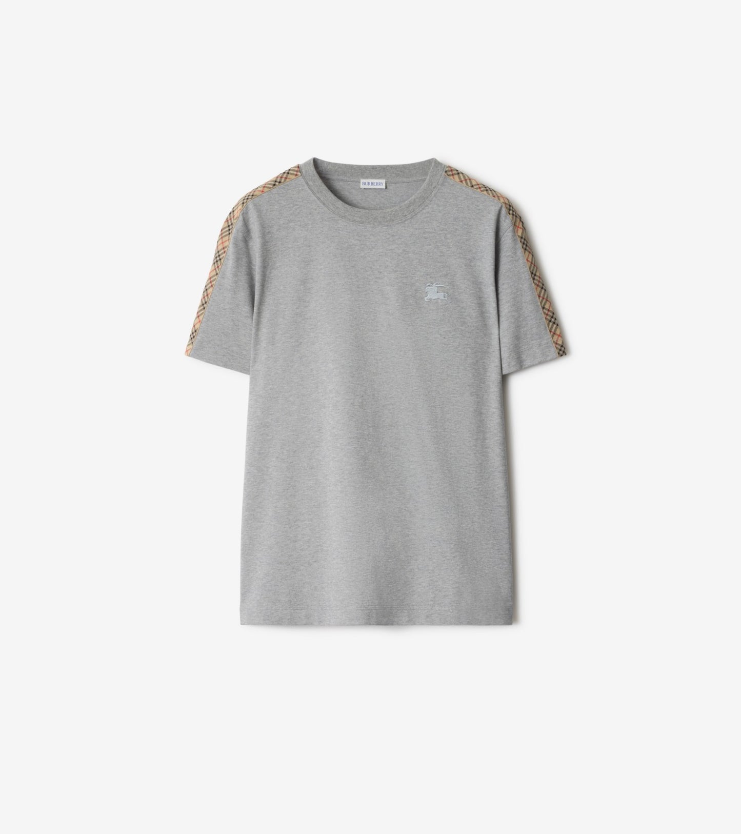 Check Trim Cotton T-shirt in Pale grey melange