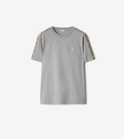 Check Trim Cotton T-shirt in Pale grey melange
