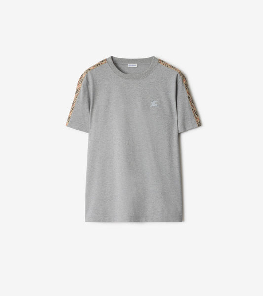 Check Trim Cotton T-shirt in Pale grey melange