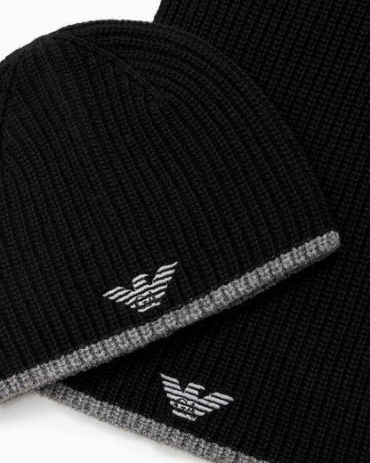 Ribbed wool scarf and beanie set for man