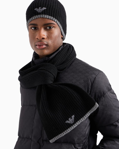 Ribbed wool scarf and beanie set for man