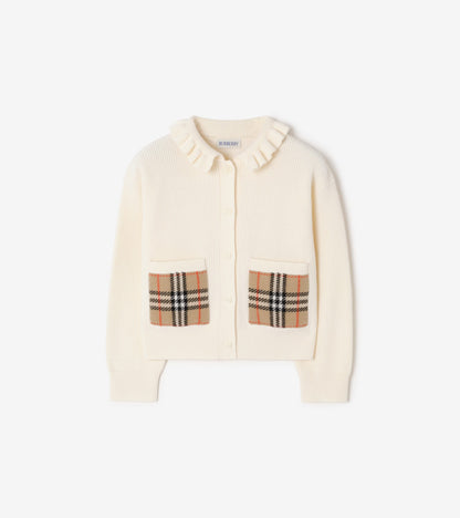 Check Pocket Cotton Wool Cardigan in Ivory white