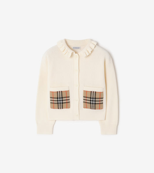 Check Pocket Cotton Wool Cardigan in Ivory white