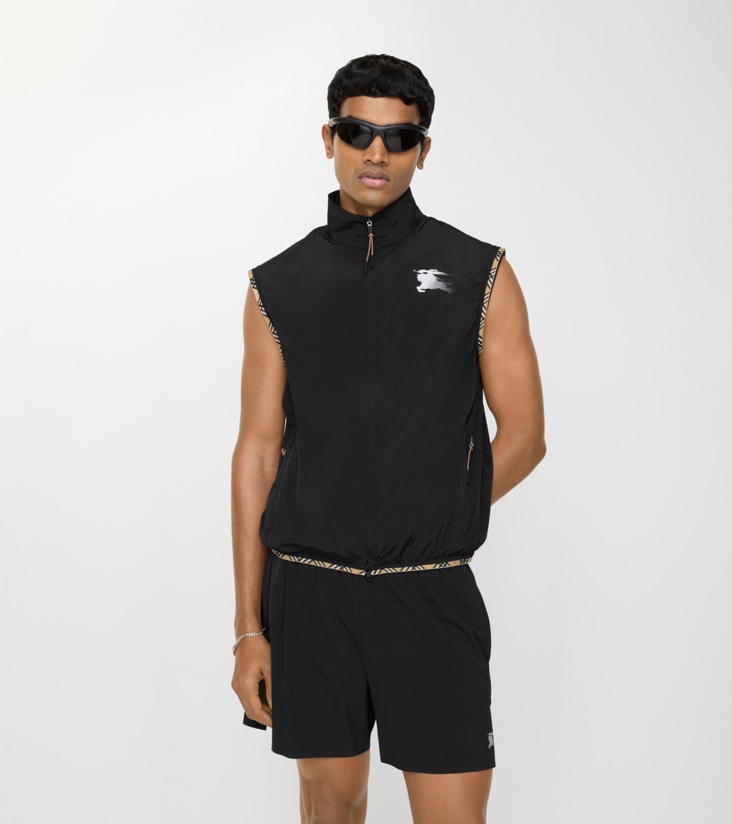 Check Trim Nylon Gilet in Black
