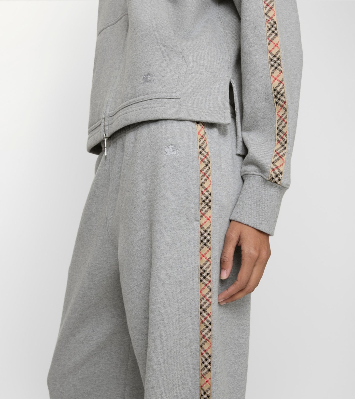 Check Trim Cotton Track Pants in Pale grey melange