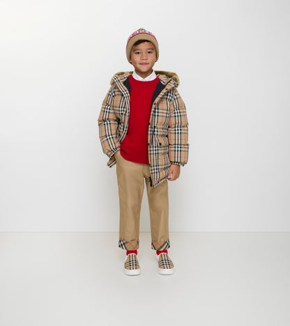 Faux Fur Trim Check Nylon Puffer Coat in Sand beige