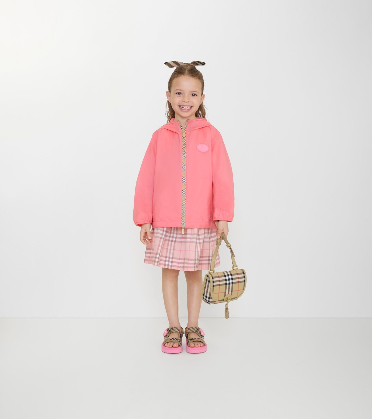 Checker-tape Nylon Hooded Jacket in Flamingo pink