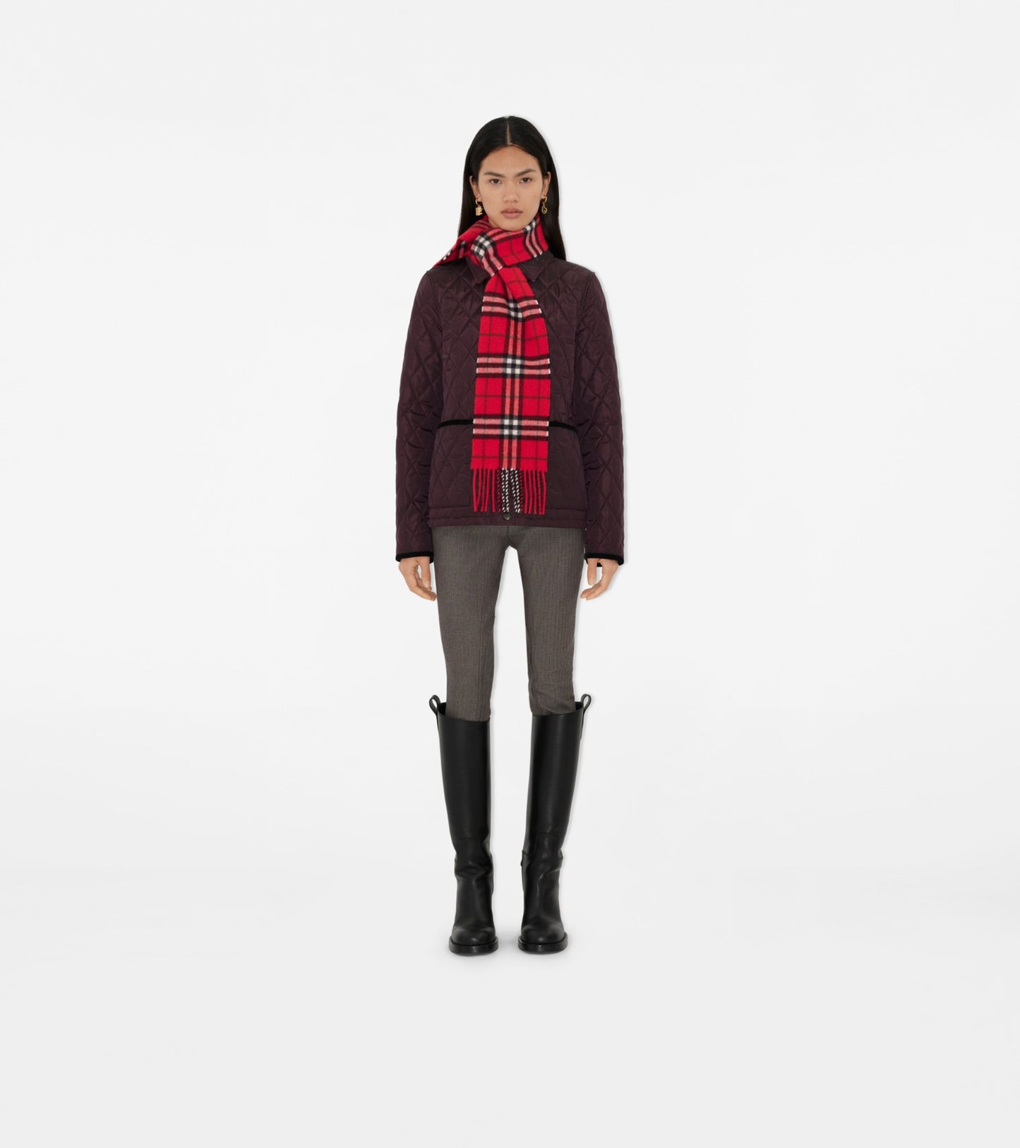 Narrow Check Cashmere Scarf in Post red