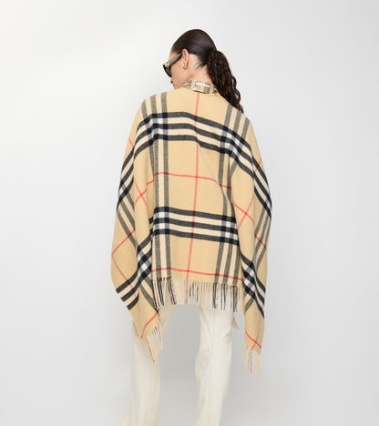 Contrast Check Cashmere Wool Cape in Sand beige/pebble white