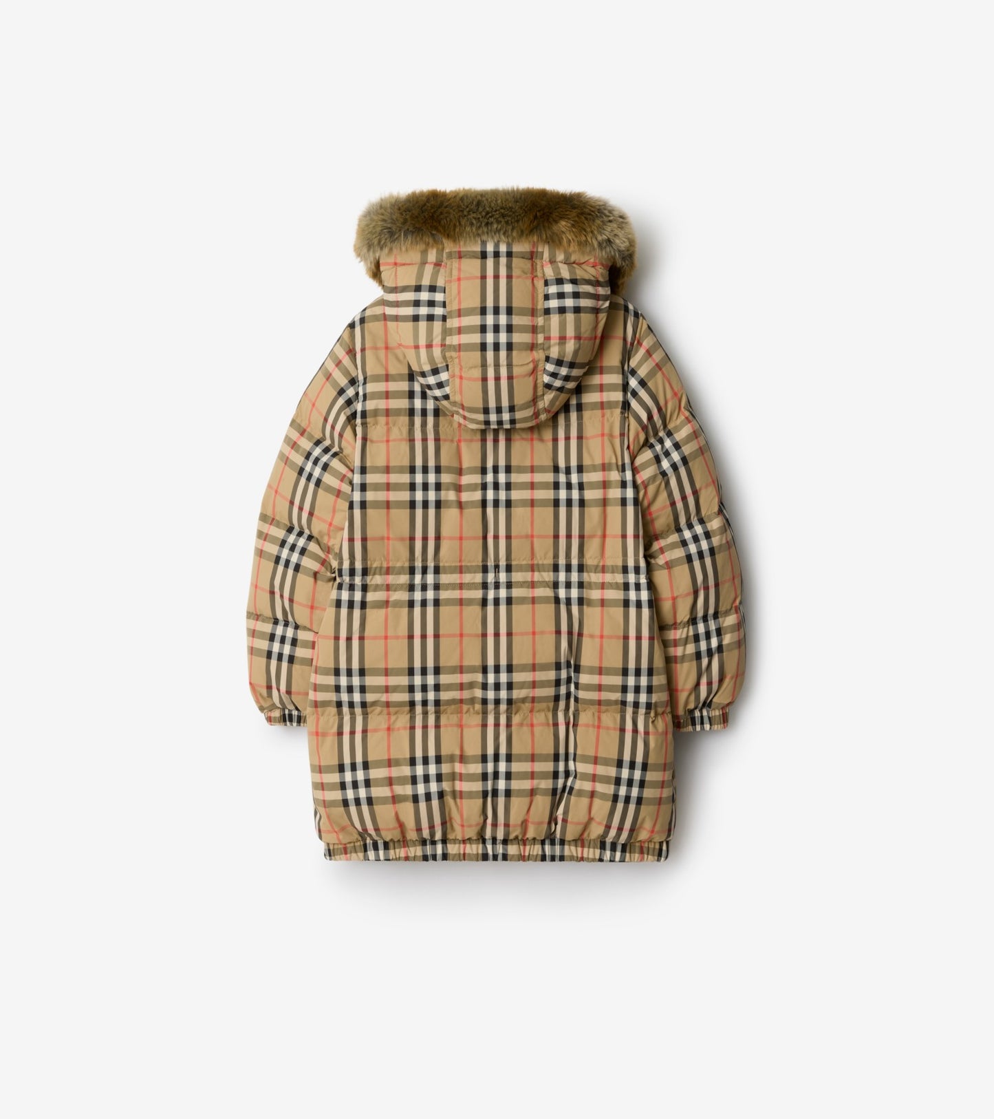Faux Fur Trim Check Nylon Puffer Coat in Sand beige