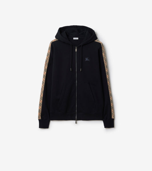 Check Trim Cotton Zip Hoodie in Navy