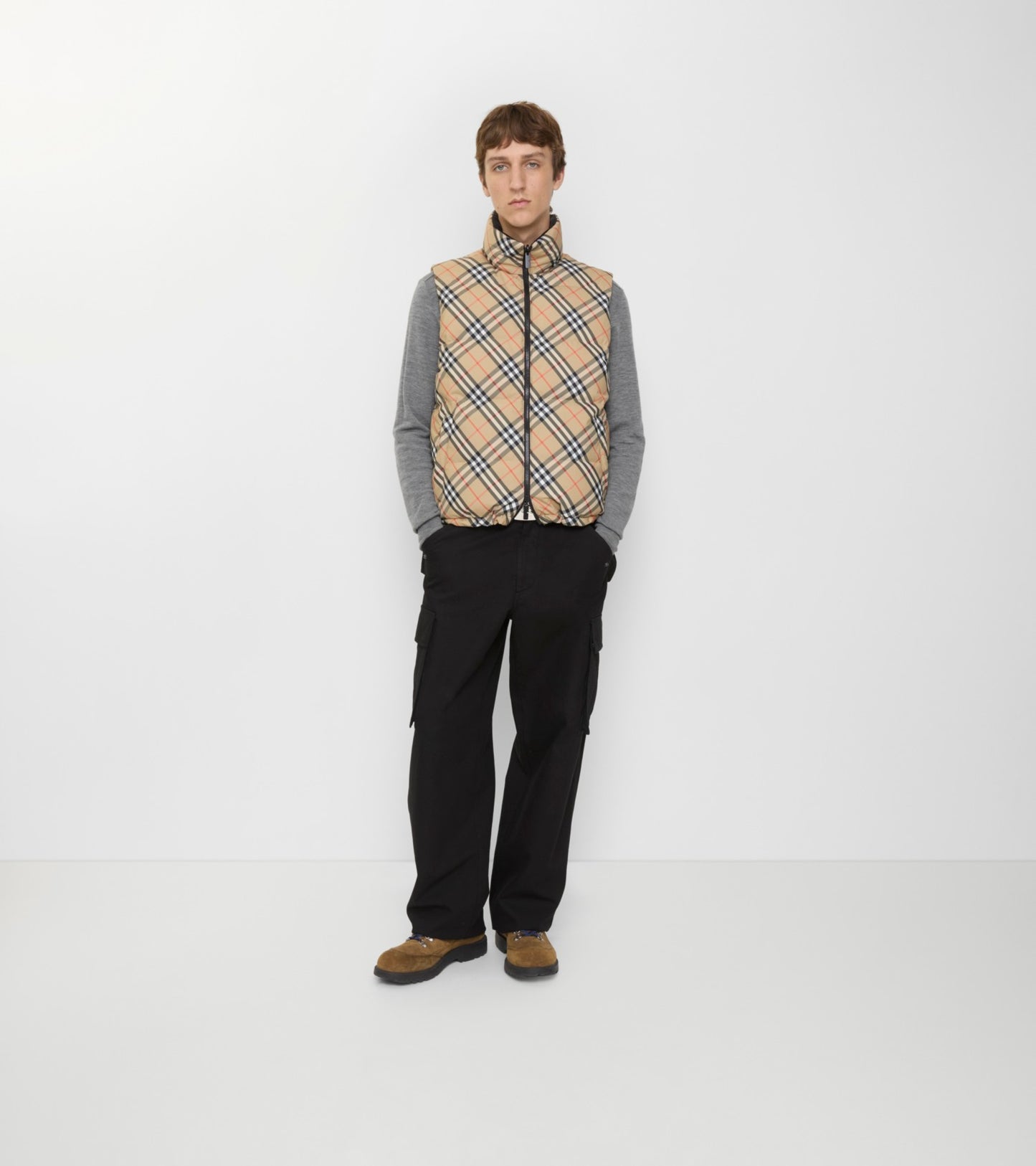 Reversible Check Puffer Gilet in Sand beige